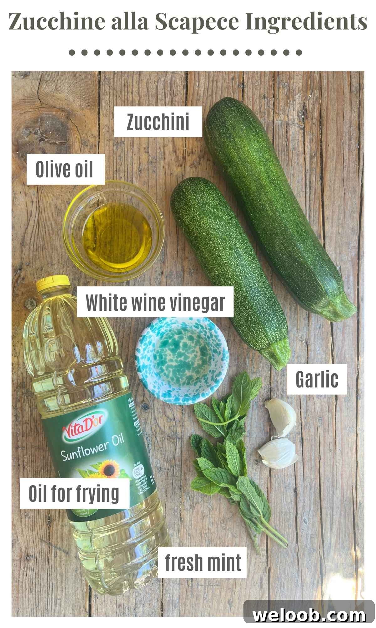 Zucchine alla Scapece: Neapolitan Marinated Zucchini 3 An overhead shot of all the ingredients needed to make zucchine alla scapece on a wooden board.