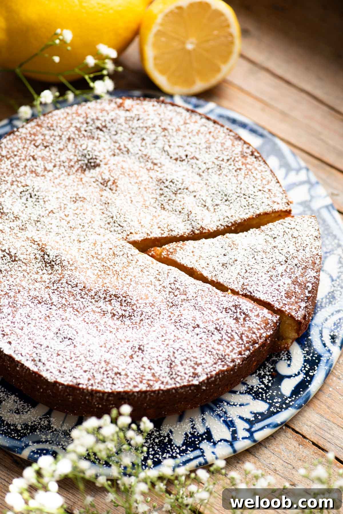 A white torta caprese on a blue ceramic board with fresh lemons behind it and small white flowers around.