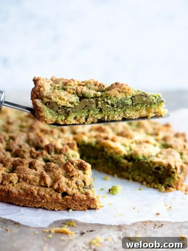 A cake slice holding up a slice of pistachio crumb cake showing a layer of pistachio in the middle.