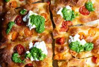Crispy Roasted Tomato Focaccia with Pesto and Burrata