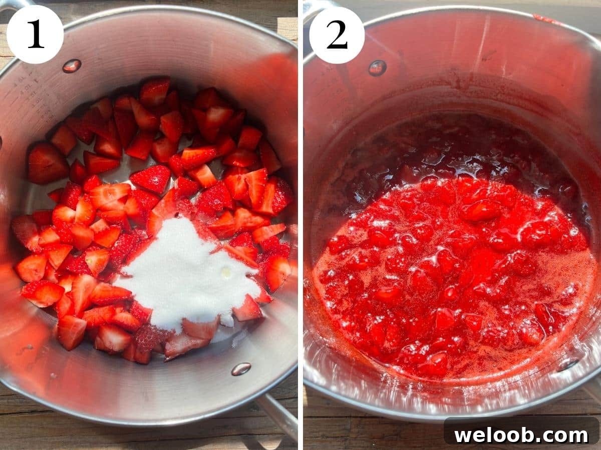 Silky Strawberry Semifreddo with Fresh Strawberry Sauce 10 Two photos in a collage showing chopped strawberries, sugar and lemon in a pan and stewed down after cooking.