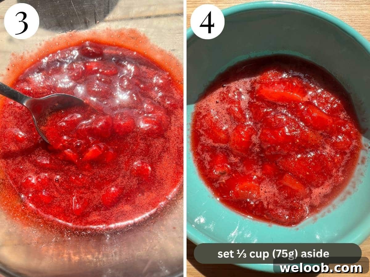 Silky Strawberry Semifreddo with Fresh Strawberry Sauce 11 Two photos in a collage showing the consistency of the strawberry sauce after cooking.