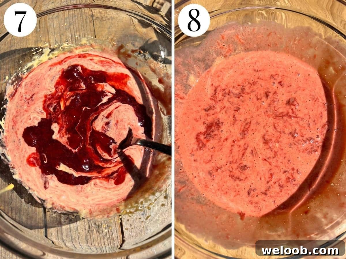 Silky Strawberry Semifreddo with Fresh Strawberry Sauce 13 Two photos in a collage showing the strawberry sauce mixed with the egg mixture.