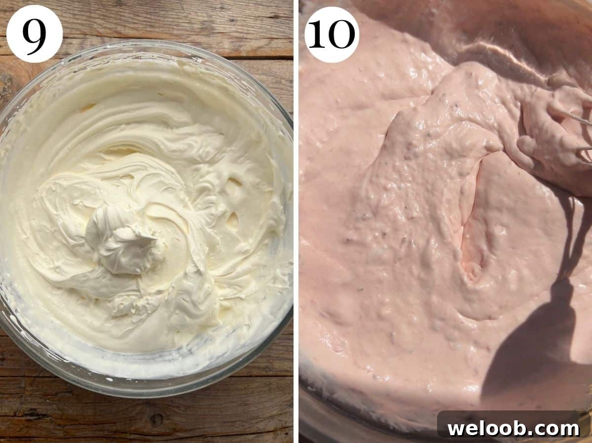 Silky Strawberry Semifreddo with Fresh Strawberry Sauce 14 Two photos in a collage showing whipped cream and then the cream folded with the strawberry mixture.