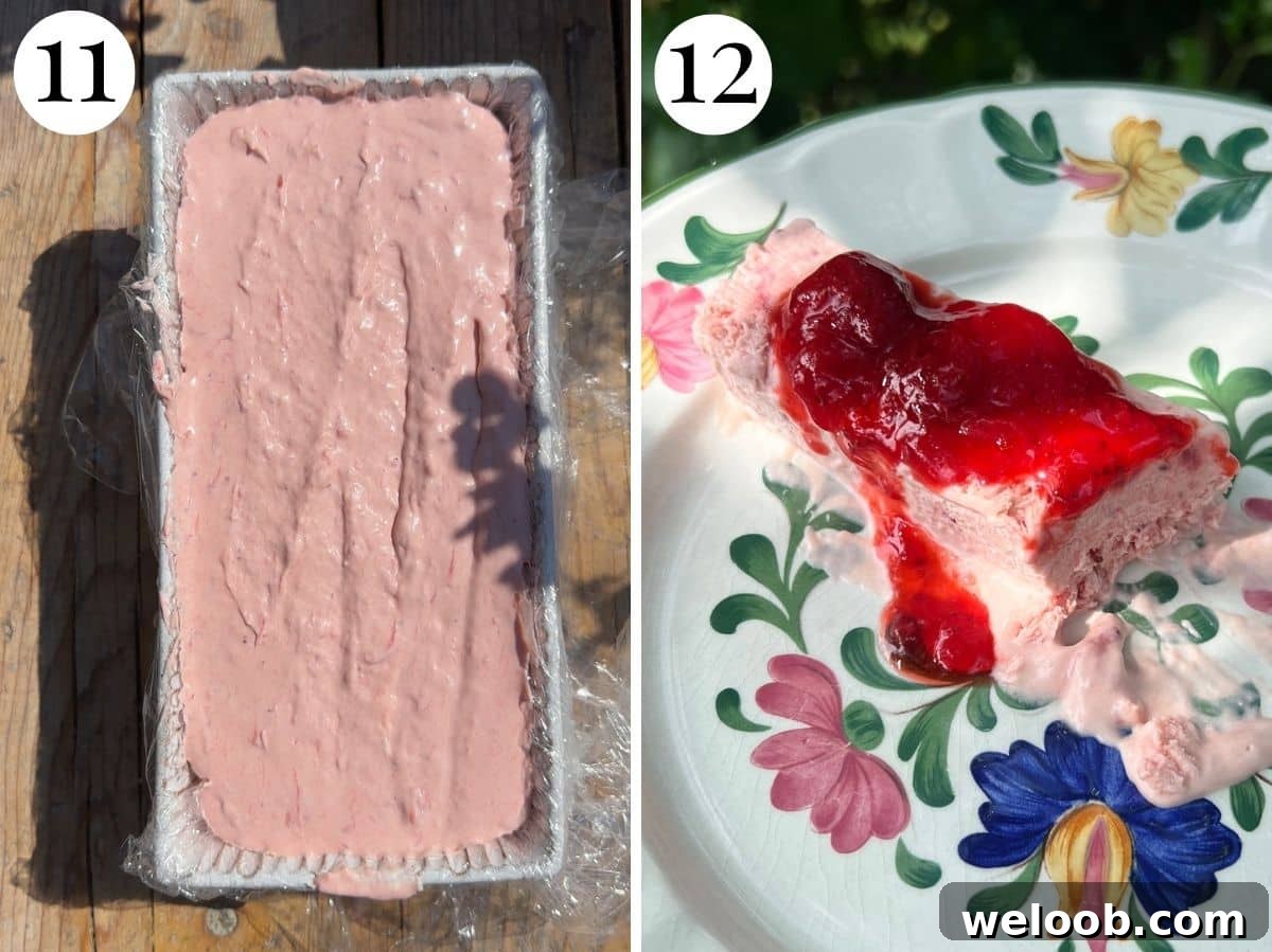 Silky Strawberry Semifreddo with Fresh Strawberry Sauce 15 Two photos in a collage showing the strawberry semifreddo in a loaf pan then a slice on a plate topped with strawberry sauce.