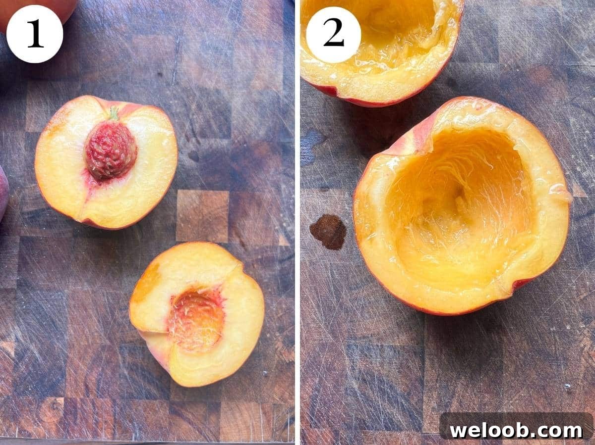 Two photos in a collage showing how to hollow out a peach.