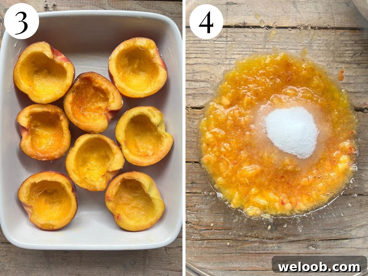 Two photos in a collage showing hollowed out peaches in a baking dish and mixing the pulp with sugar.