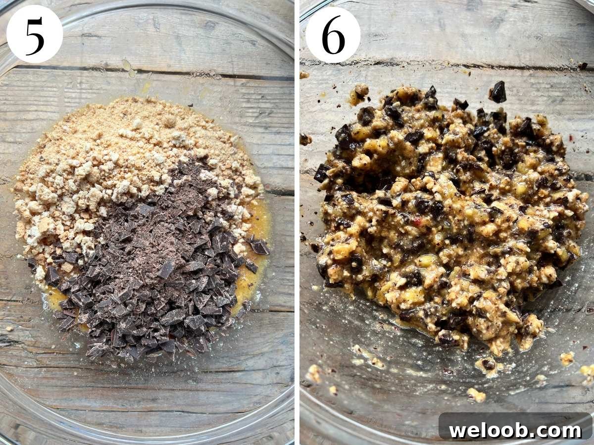 Two photos showing the filling getting mixed for the stuffed peaches.