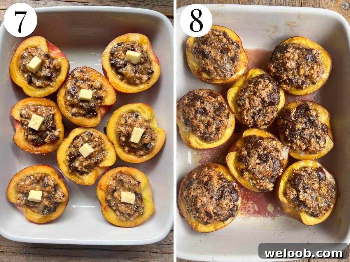 Two photos showing the before and after of baking stuffed peaches.