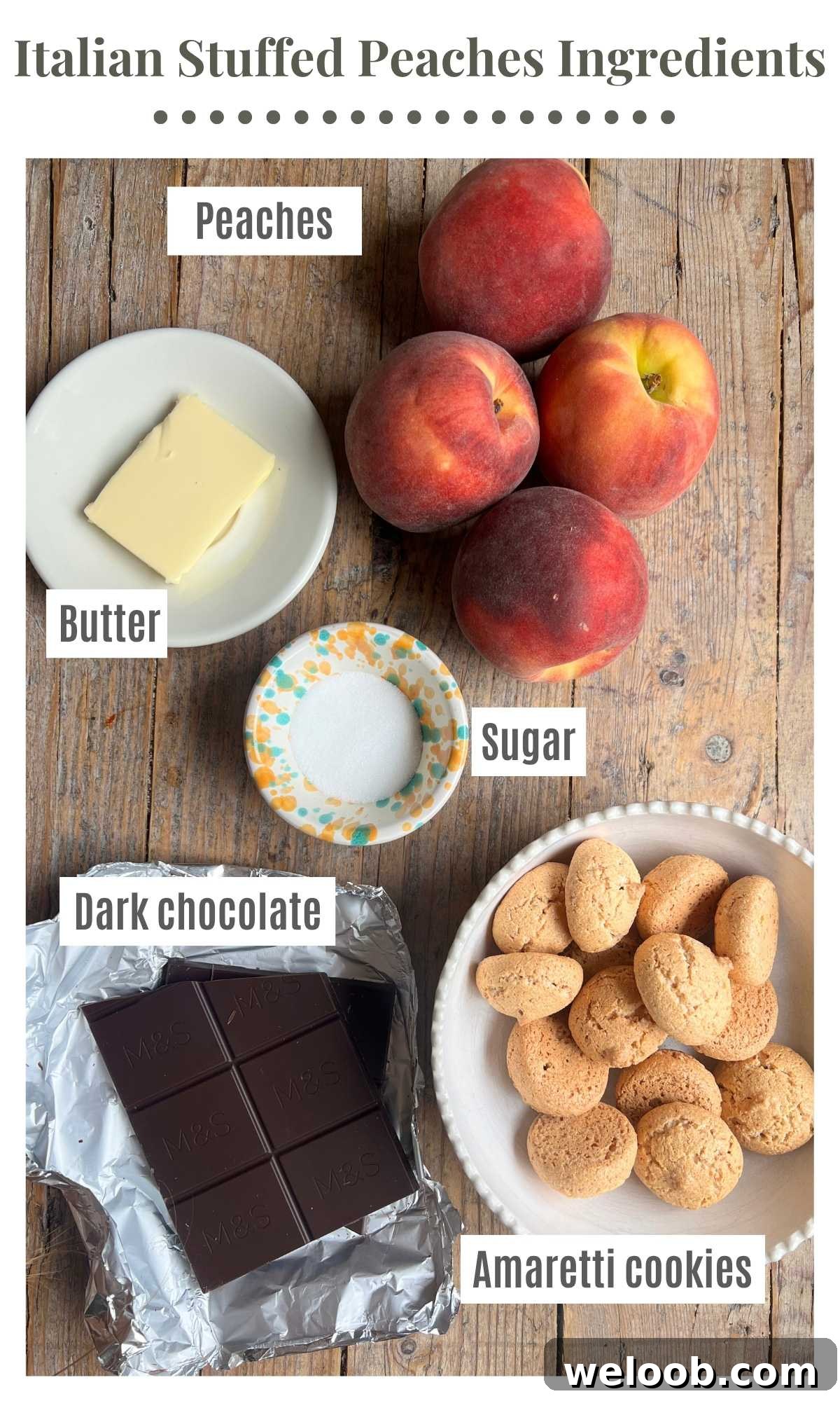 Close-up of ingredients for stuffed baked peaches.
