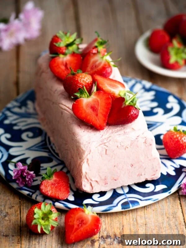 Strawberry semifreddo on a blue and white ceramic serving board topped with cut strawberries.