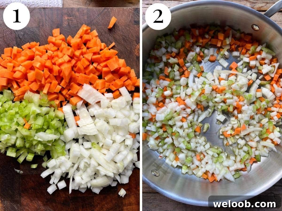 Two photos in a collage showing finely chopped carrot, celery and onion in a pan.