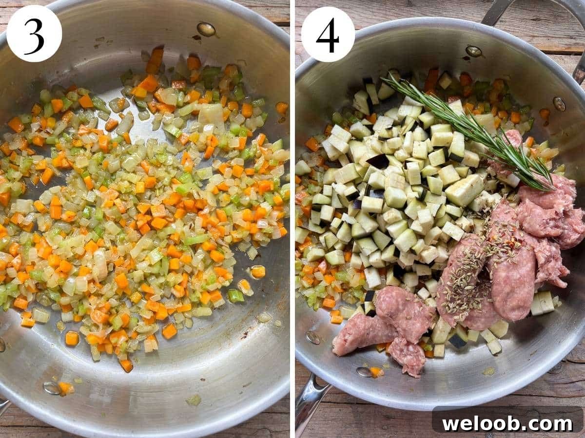 Two photos in a collage showing softened soffritto and adding sausage, eggplant, fennel, rosemary and chilli flakes.