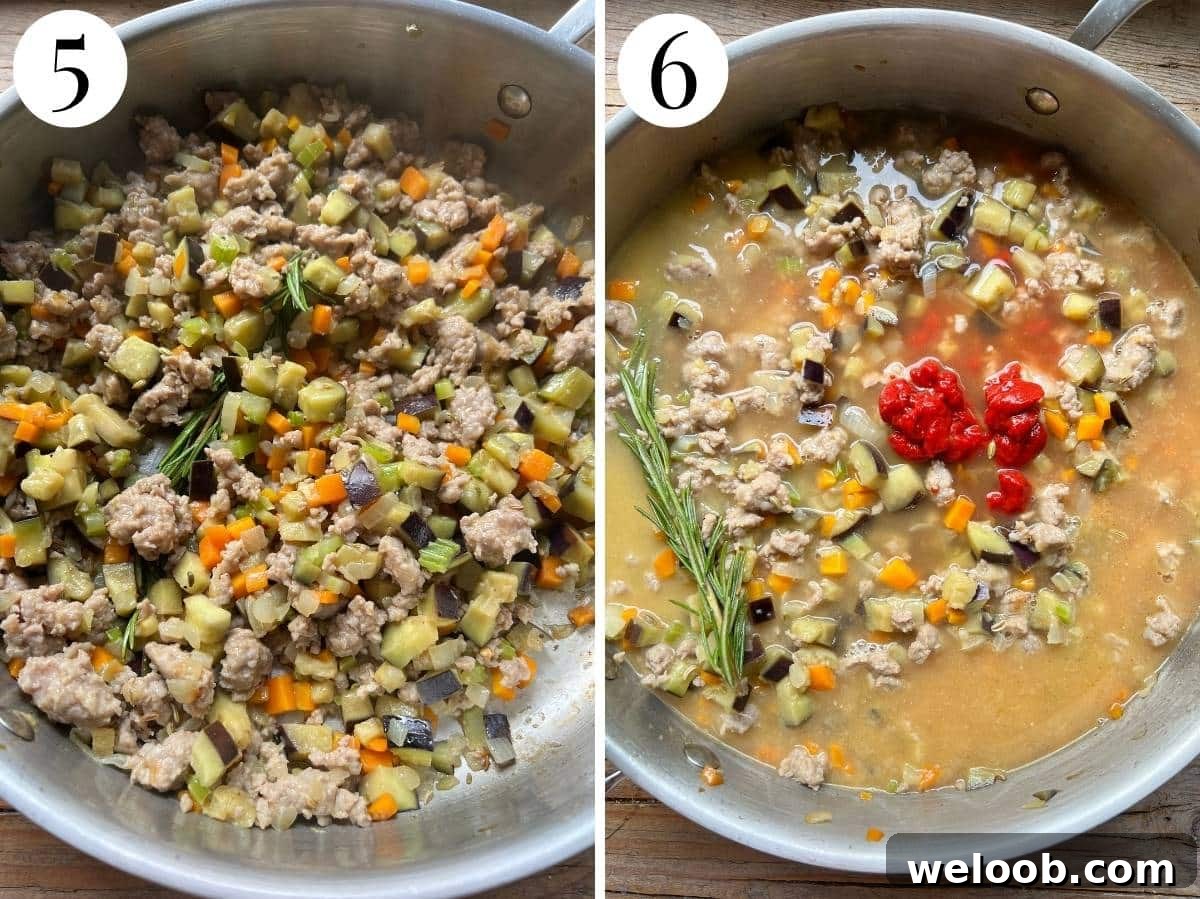 Two photos in a collage showing adding white wine then tomato paste and stock.