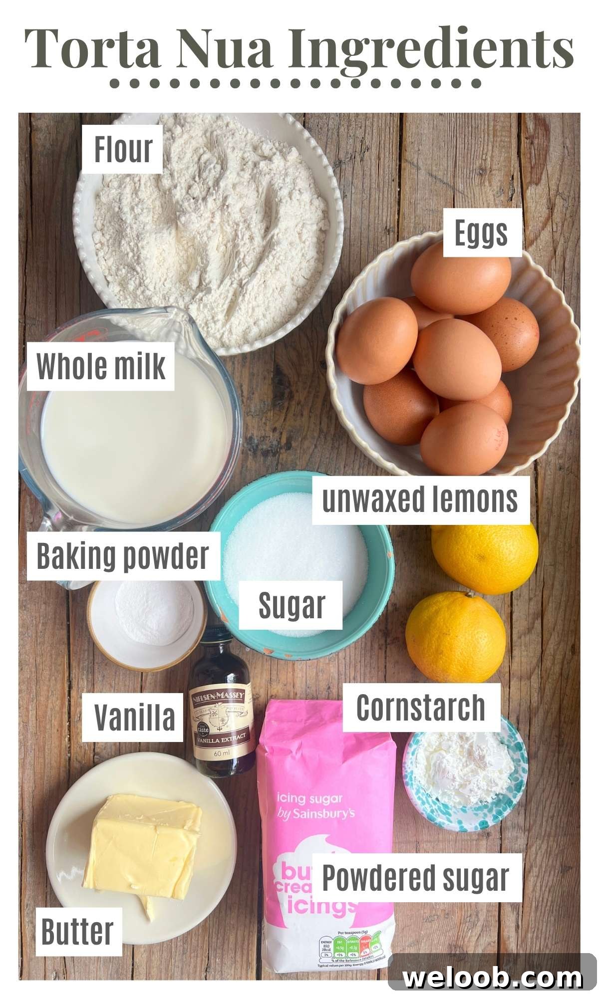 Torta Nua: Rustic Italian Cake Filled with Pastry Cream 3 An overhead shot of all the ingredients needed to make a torta nua on a rustic wooden background.