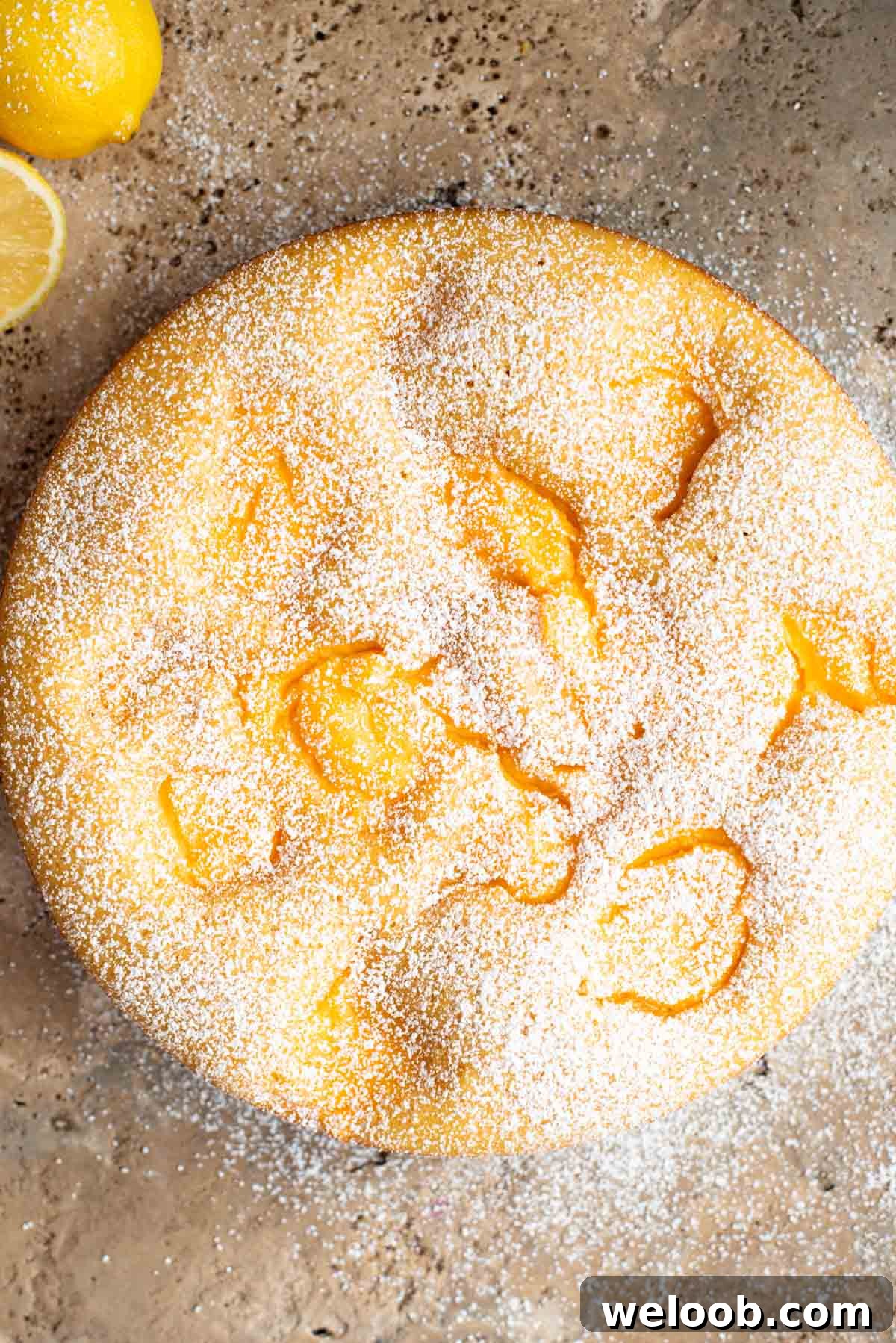 Torta Nua: Rustic Italian Cake Filled with Pastry Cream 4 An overhead shot of a rustic Italian cake on a travertine surface with lemons at the side. The cake has dollops of pastry cream and powdered sugar.