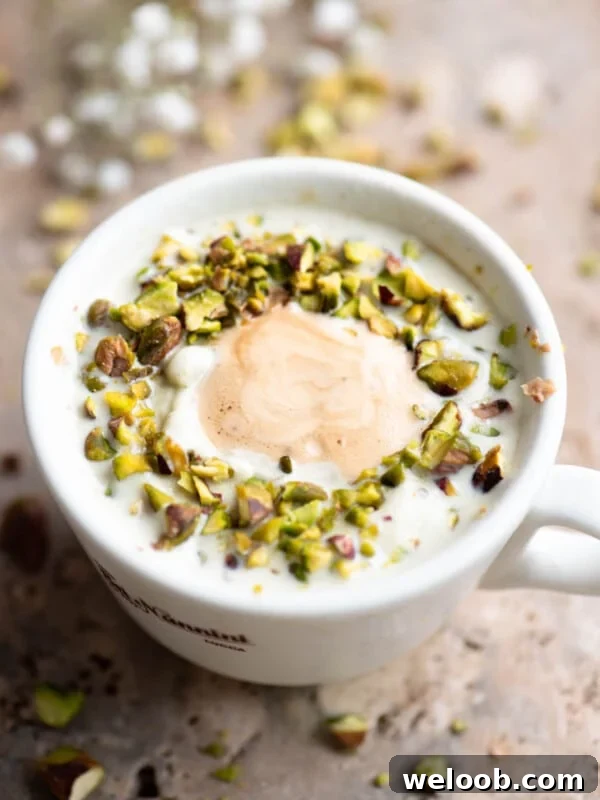Torta Nua: Rustic Italian Cake Filled with Pastry Cream 8 A pistachio affogato topped with chopped pistachios on a travertine surface.