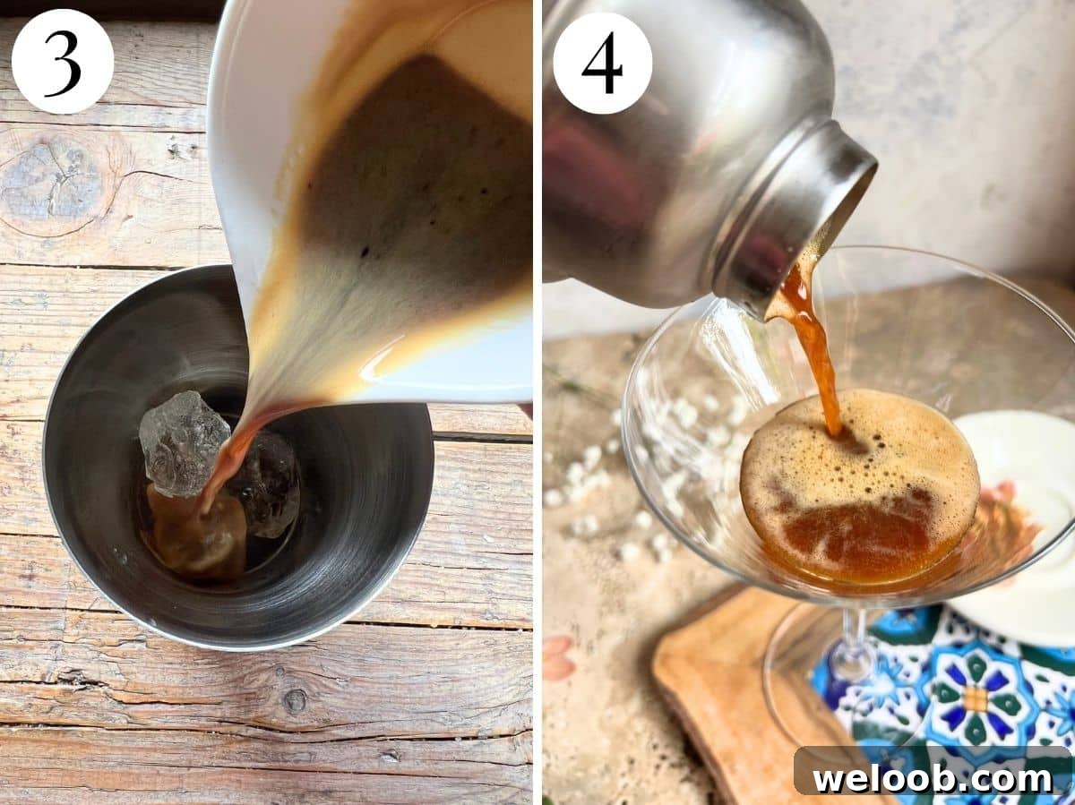 Two photos showing pouring the espresso in and out of a cocktail shaker.