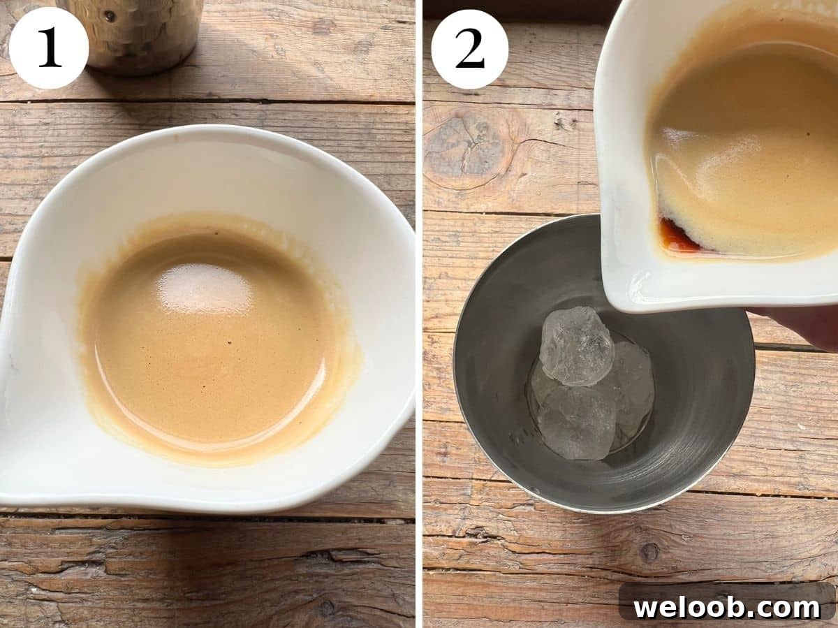 Two photos in a collage showing what a brewed espresso should look like with crema on top and pouring it into a cocktail shaker.