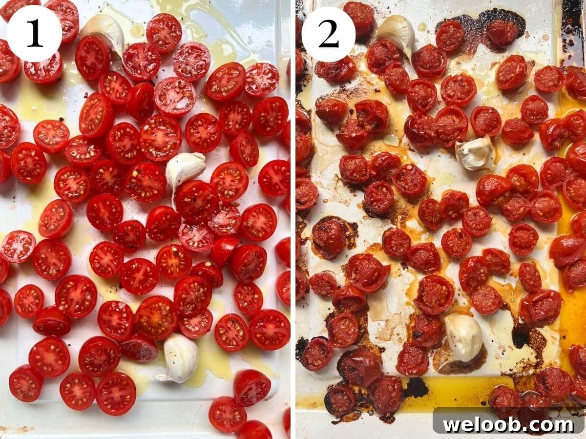 Creamy Ricotta Pasta with Roasted Cherry Tomatoes 10 Two photos showing the before and after of roasted cherry tomatoes and garlic.