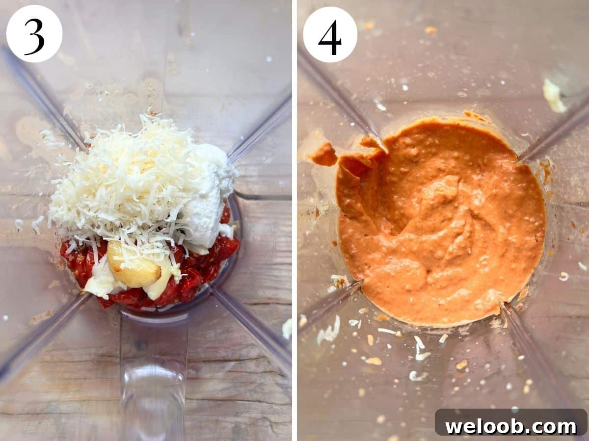 Creamy Ricotta Pasta with Roasted Cherry Tomatoes 11 Before and after blending roasted tomatoes, ricotta, garlic and Parmigiano Reggiano together.