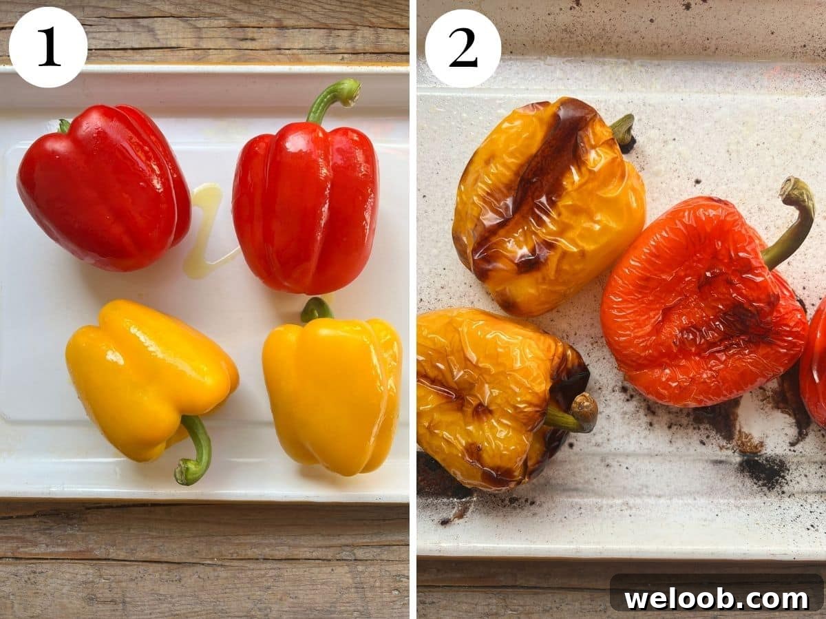 How to Make Italian Marinated Roasted Bell Peppers 10 Two photos in a collage showing before and after roasted whole bell peppers.