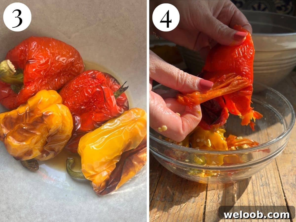 How to Make Italian Marinated Roasted Bell Peppers 11 Two photos in a collage showing roasted peppers and how to peel the skins off.
