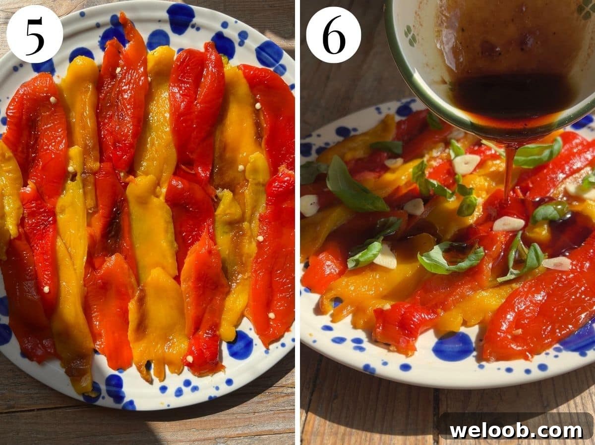 How to Make Italian Marinated Roasted Bell Peppers 12 Two photos in a collage showing how to marinate roasted peppers.