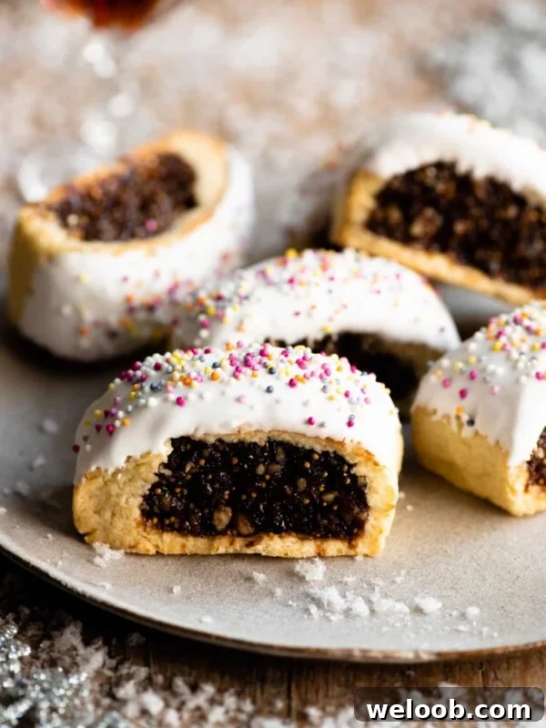 Italian Abbracci Cookies: Chocolate and Cream Pinwheels 7 Five Cuccidati cookies on a plate with fake white snow scattered around.