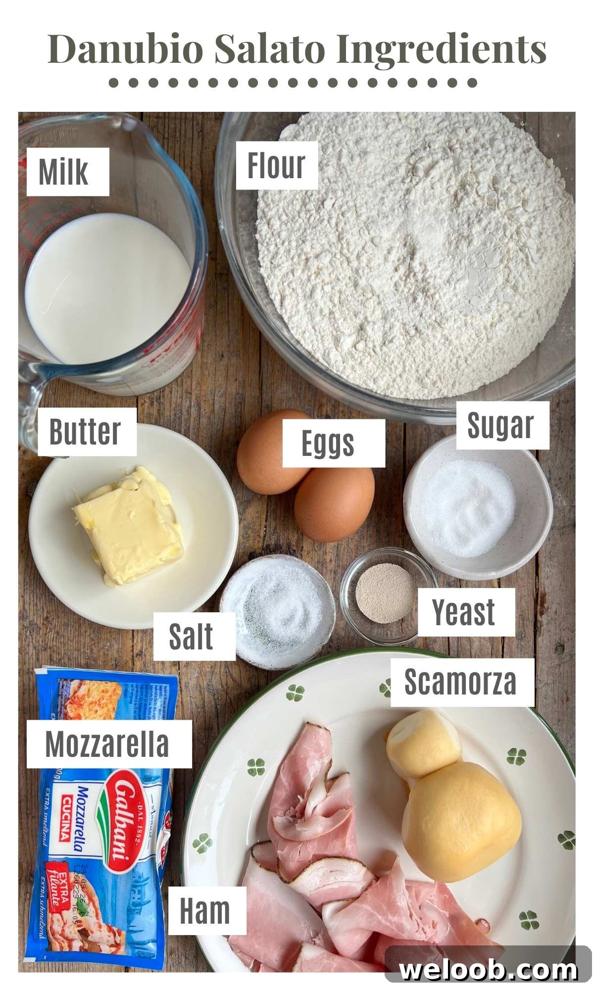 An overhead shot of all the ingredients needed to make danubio salato on a rustic wooden surface.